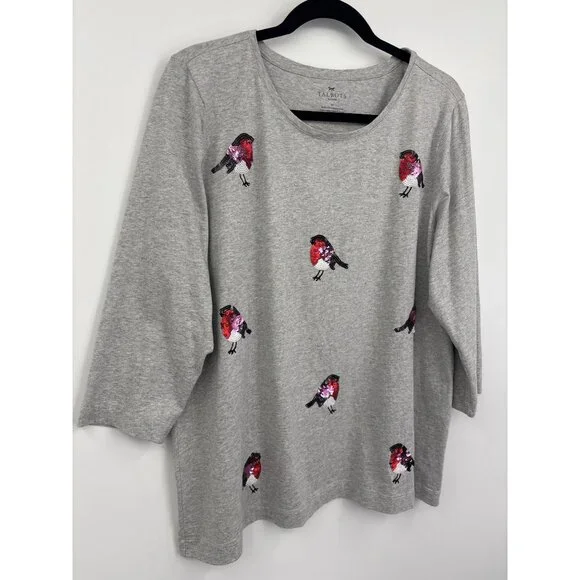 Talbots Cotton Tee T-Shirt 3/4 Sleeve Causal Sequin Birds Gray Size 1X - Picture 2 of 5